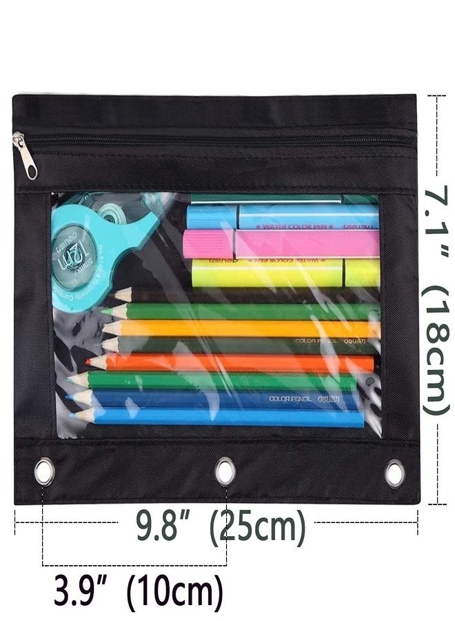 SdeFe Zippered Binder Fabric Pencil Pouch 3 Rings with Clear Window for School Classroom Organizers 8 Pack (Black) - Image 3