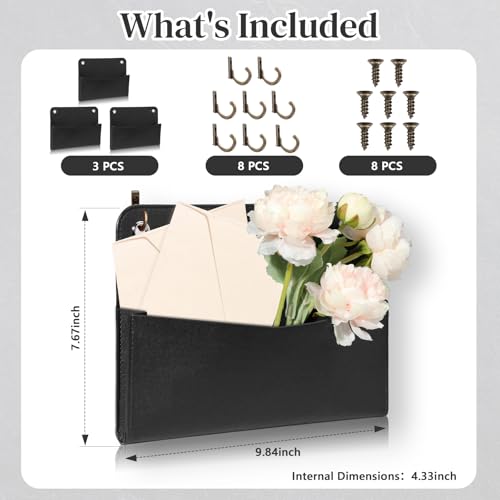 MSHUNKEJI 3 PCS Wall Mount PU Leather Mail Holder Black Faux Leather Letter Holder 2 Ring Wall Mail Organizer Stylish Wall Hanging Mail Storage for Flowers Envelope Key Notebooks Home Office Decor - Image 3