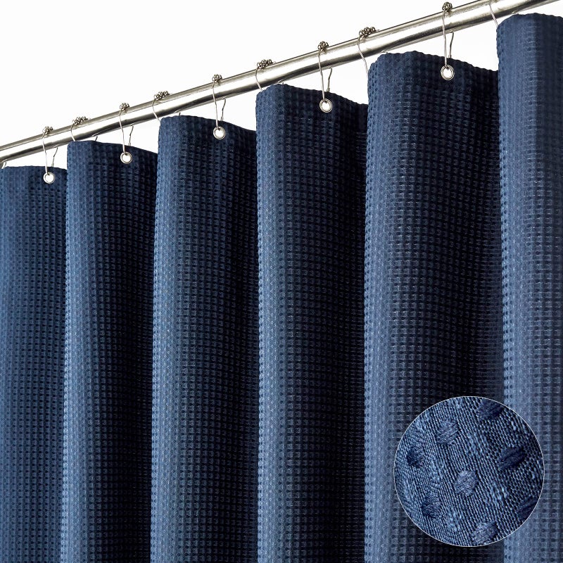 Dynamene Stall Fabric Shower Curtain 36x72 Waffle Weave Weighted Cloth Shower Curtains for Bathroom Neutral Heavy Duty Hotel Spa Luxury Bath Curtain Set with 6 Plastic HooksNavy Blue