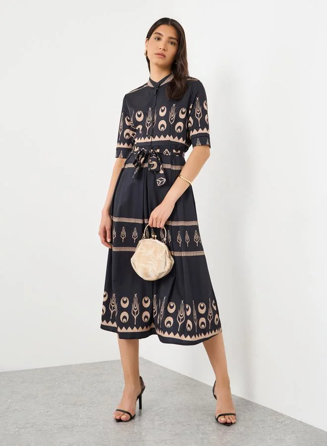 Take Two Take Two Stand Collar Button Detail Waist Tie Detail A-Line Midi Dress
