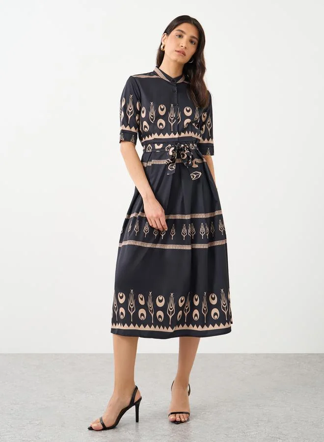 Take Two Take Two Stand Collar Button Detail Waist Tie Detail A-Line Midi Dress