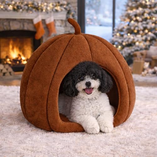 ZEXSAZONE Premium Summer Soft Velvet Pet Hut House | for Cats, Kittens and Small Dogs Puppey | with Reversible Cushion | Washable Cozy and Comfortable | | 40 x 40 x 42 cm (Coffee, Small_Pumpkin) - Image 1