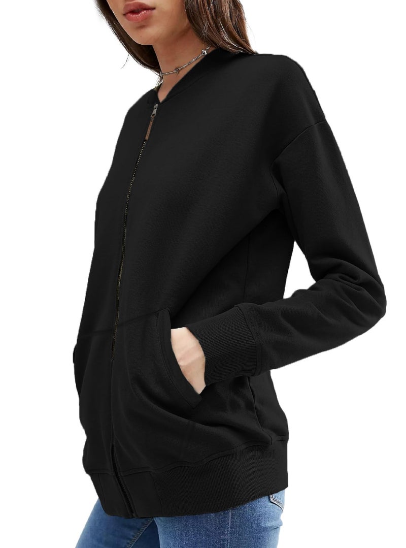 LEOTUDE Full Sleeve Loose Fit Bomber Jacket For Women (GRL_JKT02_BLKZ_P_Black_L) - Image 3