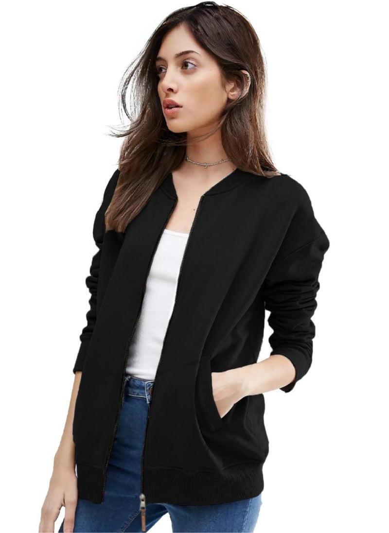 LEOTUDE Full Sleeve Loose Fit Bomber Jacket For Women (GRL_JKT02_BLKZ_P_Black_L) - Image 1
