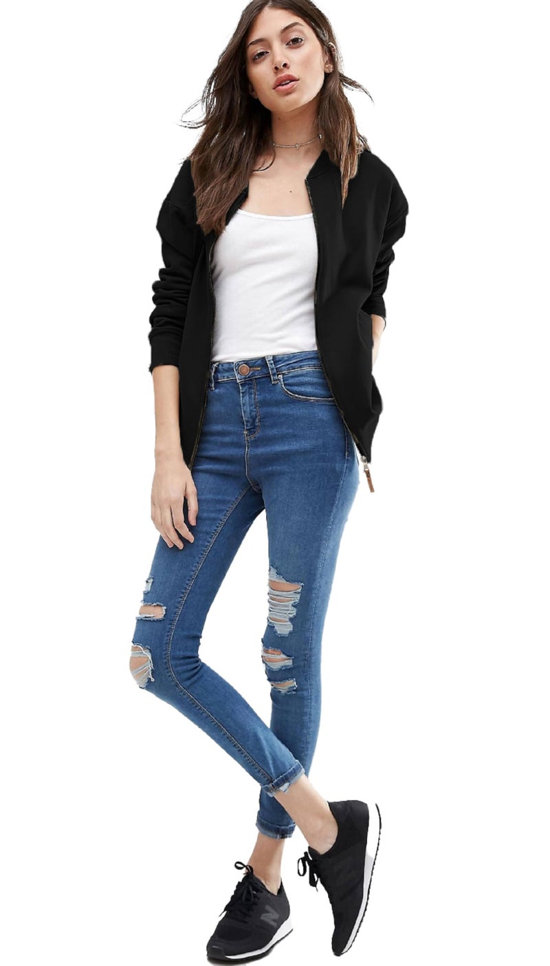 LEOTUDE Full Sleeve Loose Fit Bomber Jacket For Women (GRL_JKT02_BLKZ_P_Black_L) - Image 4