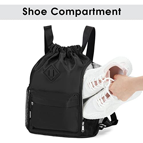 WANDF Drawstring Backpack Sports Gym Bag with Shoes Compartment, Water-Resistant String Backpack Cinch for Women Men (Small,Black) - Image 2