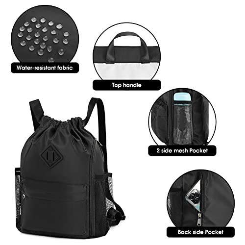 WANDF Drawstring Backpack Sports Gym Bag with Shoes Compartment, Water-Resistant String Backpack Cinch for Women Men (Small,Black) - Image 4