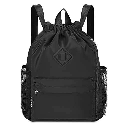 WANDF Drawstring Backpack Sports Gym Bag with Shoes Compartment, Water-Resistant String Backpack Cinch for Women Men (Small,Black) - Image 1