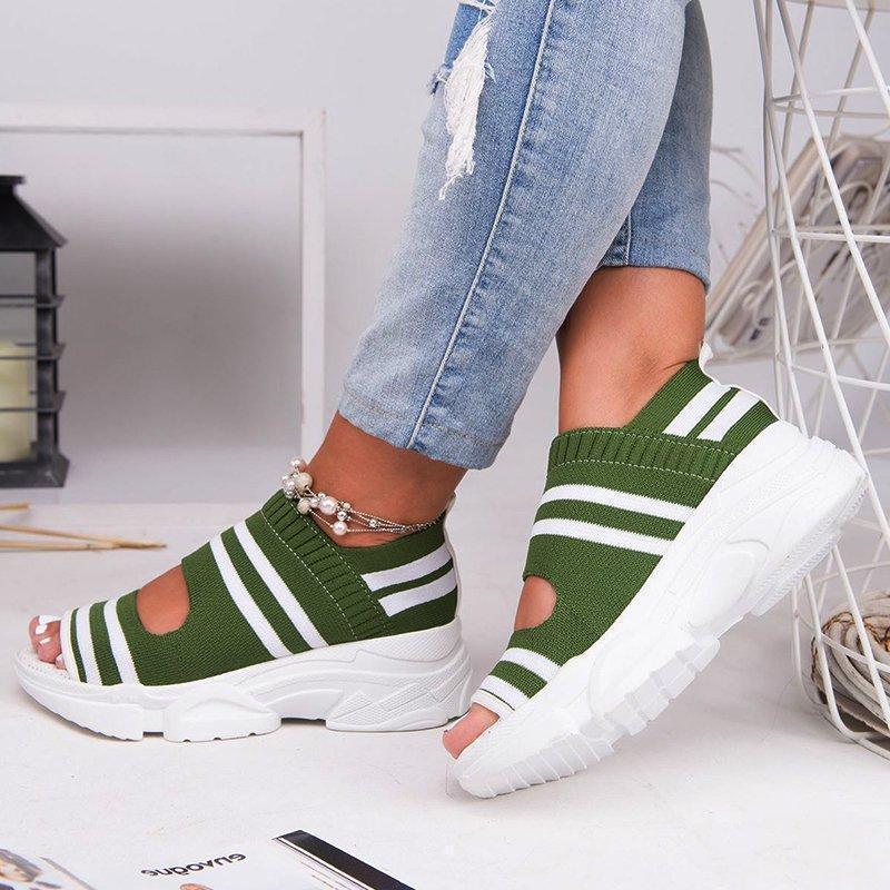 Women'S Shoes Knitted Sandals Women'S 2021 New Summer Flat Elastic Platform Sports Fish Mouth Shoes Manufacturers - Image 5