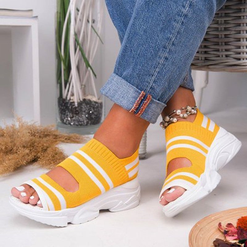 Women'S Shoes Knitted Sandals Women'S 2021 New Summer Flat Elastic Platform Sports Fish Mouth Shoes Manufacturers - Image 4