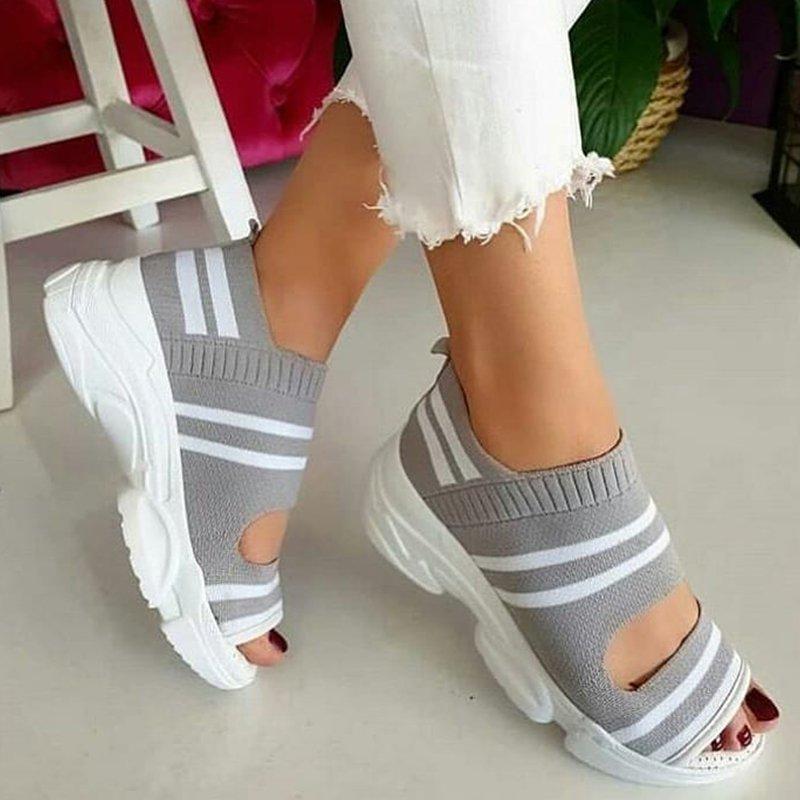 Women'S Shoes Knitted Sandals Women'S 2021 New Summer Flat Elastic Platform Sports Fish Mouth Shoes Manufacturers - Image 3