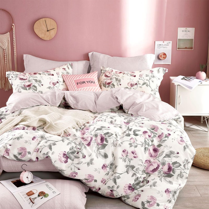 ALEISSEL Vintage 100 Cotton Duvet Cover Queen Size Dusty Purple Rose Soft Gray Foliage on White Blush French Striped Patchwork Reverse Neutural Bedding Set 3Pcs with Button Closure 90x90 - Image 2