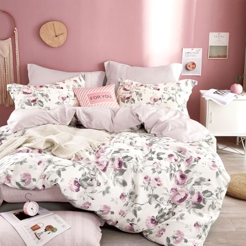 ALEISSEL Vintage 100 Cotton Duvet Cover Queen Size Dusty Purple Rose Soft Gray Foliage on White Blush French Striped Patchwork Reverse Neutural Bedding Set 3Pcs with Button Closure 90x90 - Image 1