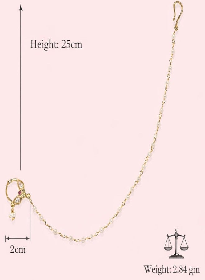 ACCESSHER Gold Plated Traditional and Ethnic Ruby Kundan Embellished Delicate Clip On/Non-Piercing Nose Ring/Nathani with Pearl Chain for Women Pack of 1 - Image 5