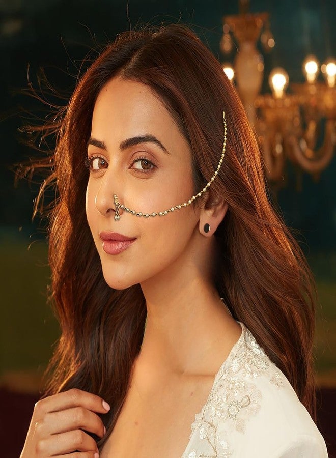 ACCESSHER Gold Plated Traditional and Ethnic Ruby Kundan Embellished Delicate Clip On/Non-Piercing Nose Ring/Nathani with Pearl Chain for Women Pack of 1 - Image 2