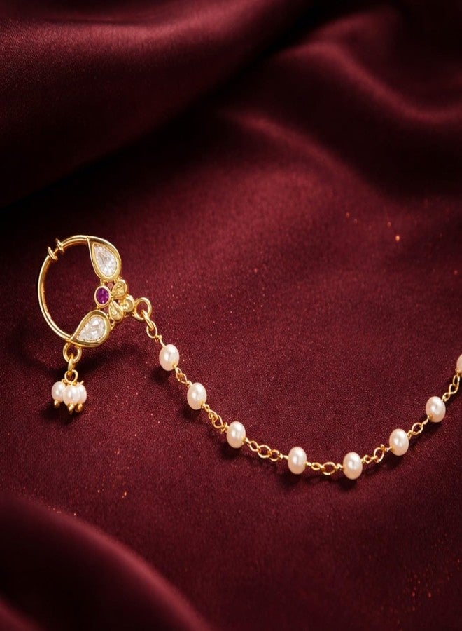 ACCESSHER Gold Plated Traditional and Ethnic Ruby Kundan Embellished Delicate Clip On/Non-Piercing Nose Ring/Nathani with Pearl Chain for Women Pack of 1 - Image 3