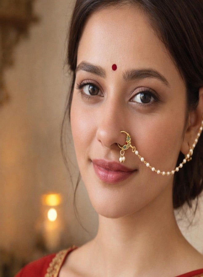 ACCESSHER Gold Plated Traditional and Ethnic Ruby Kundan Embellished Delicate Clip On/Non-Piercing Nose Ring/Nathani with Pearl Chain for Women Pack of 1 - Image 4