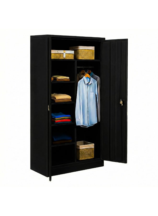 RIGID Heavy Duty Steel Home Cupboard with Clothes-Hanging Space Shelving, Curved Shape 0.7mm Thickness, Black