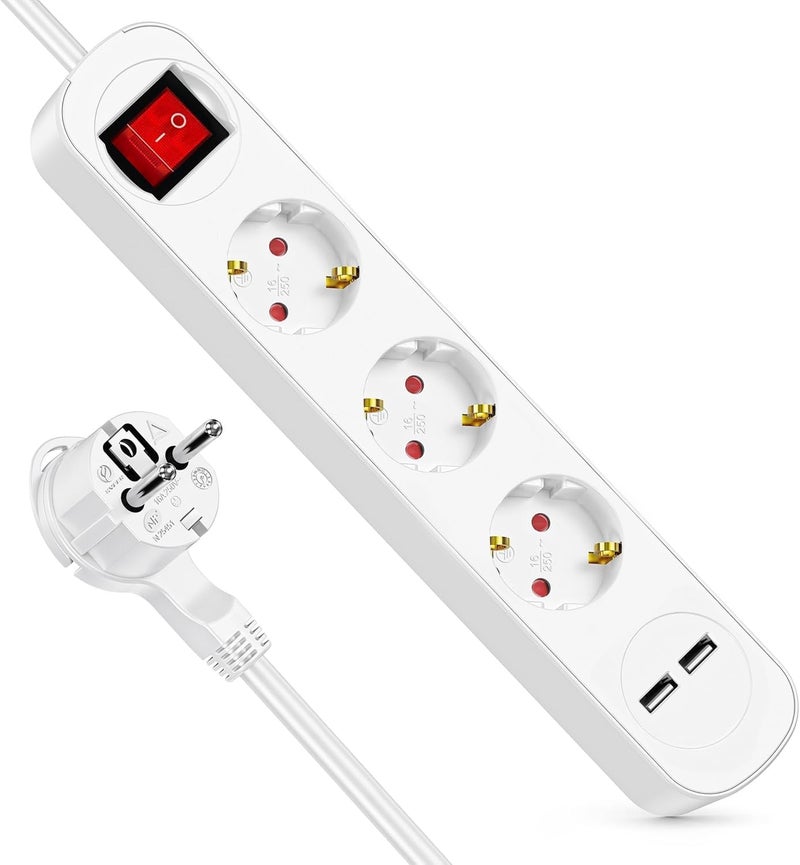 realmade 5-in-1 Power Strip with 3 AC Sockets & 2 USB-A, 3M Cable, Flat Plug, Overload Protection, Wall Mounting, Multiple Plug for Home, Office & Travel Compatible - Image 1