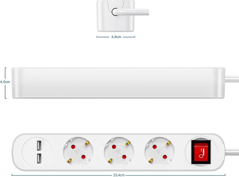 realmade 5-in-1 Power Strip with 3 AC Sockets & 2 USB-A, 3M Cable, Flat Plug, Overload Protection, Wall Mounting, Multiple Plug for Home, Office & Travel Compatible - Image 3