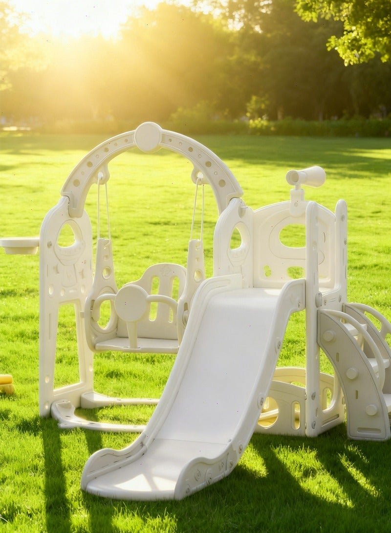 5-in-1 Kids Slide and Swing Set. Toddler slide with viewing platform, telescope, basketball hoop, space-themed baby slide, indoor/outdoor play equipment. - Image 4