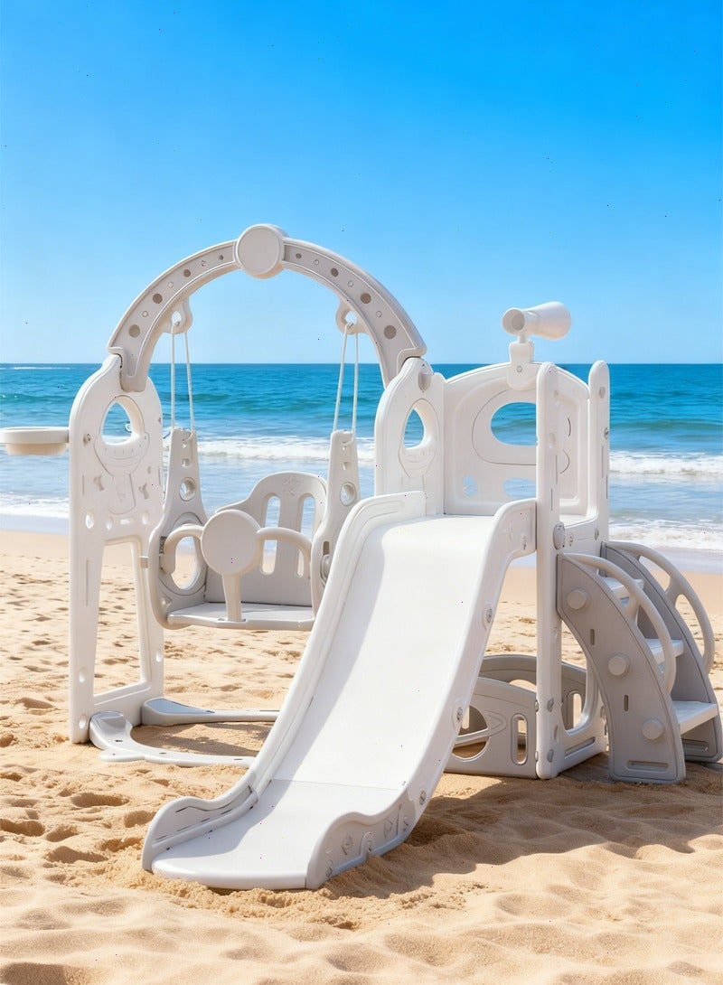 5-in-1 Kids Slide and Swing Set. Toddler slide with viewing platform, telescope, basketball hoop, space-themed baby slide, indoor/outdoor play equipment. - Image 5