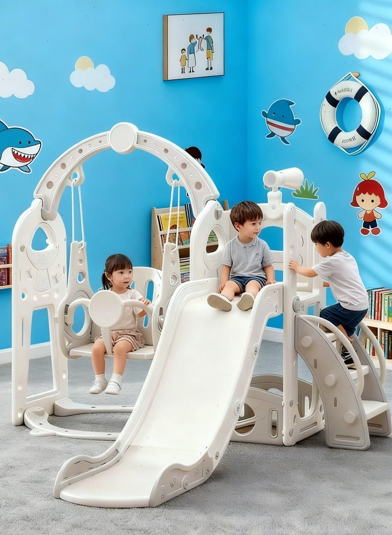 5-in-1 Kids Slide and Swing Set. Toddler slide with viewing platform, telescope, basketball hoop, space-themed baby slide, indoor/outdoor play equipment. - Image 1
