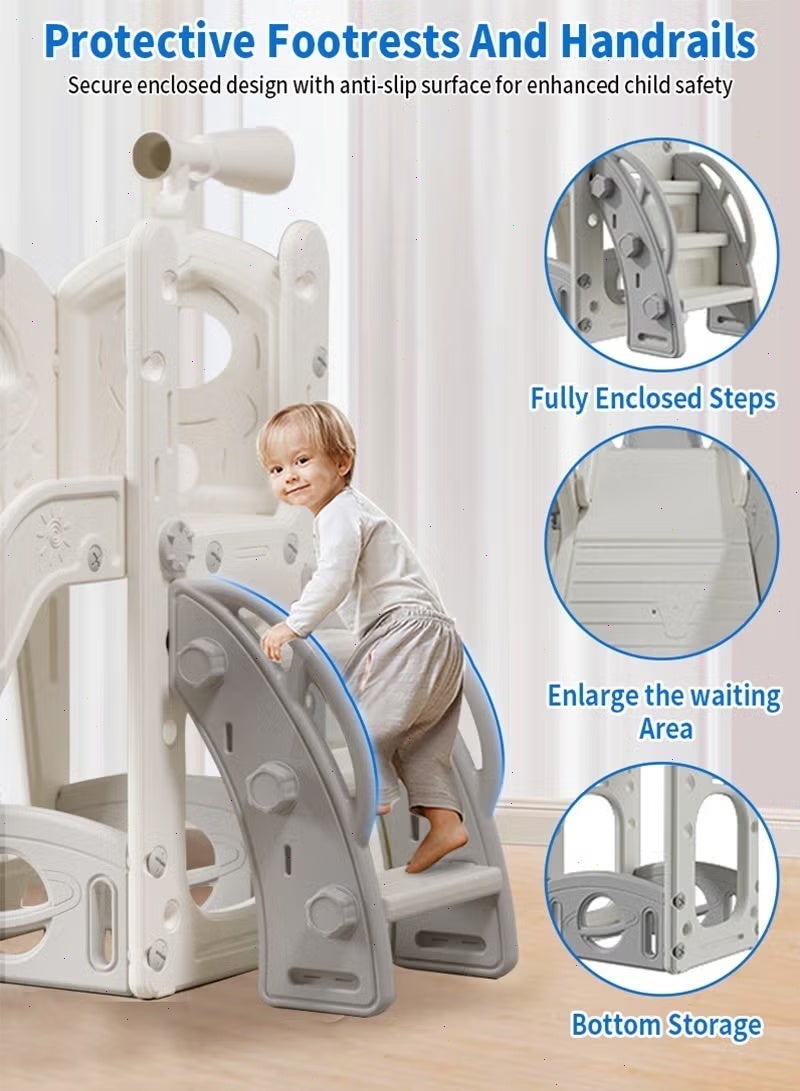 5-in-1 Kids Slide and Swing Set. Toddler slide with viewing platform, telescope, basketball hoop, space-themed baby slide, indoor/outdoor play equipment. - Image 4