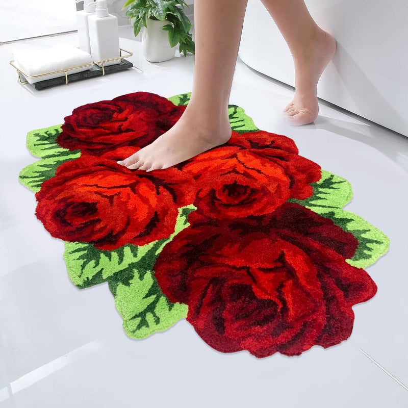 USTIDE USTIDE Red Roses Rug Red Bathroom Rug Handmade Bathmat Floral Rug Rugs for Bedroom Thick  Washable NonSlip Floor Carpets 314X413Inch