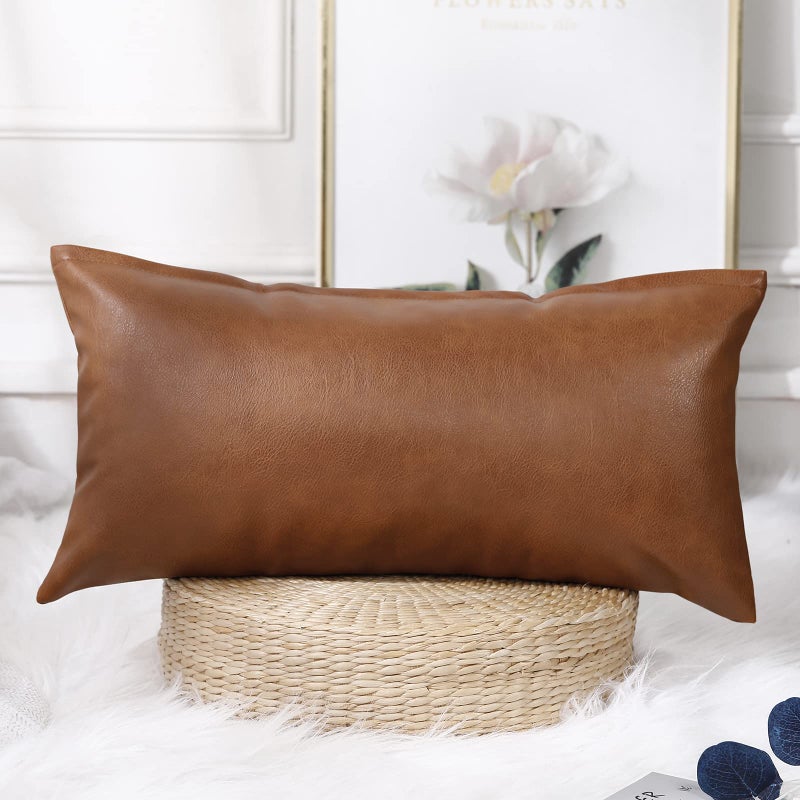 PANOD Decorative Lumbar Throw Pillow Covers 14 x 24Premium Faux Leather Long Pillow Covers Cushion Case for Farmhouse Sofa Couch Bed LivingroomModern BohoVegan Brown