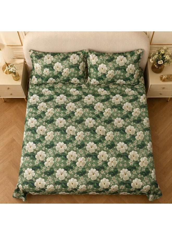 King Size Flat Bedsheet Set, 5D Digital Print, Deep Forest Green with Cream White Hibiscus - Image 1