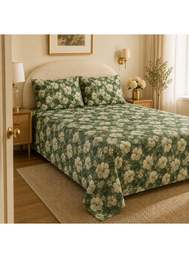 King Size Flat Bedsheet Set, 5D Digital Print, Deep Forest Green with Cream White Hibiscus - Image 3