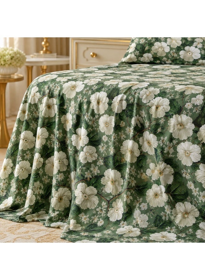 King Size Flat Bedsheet Set, 5D Digital Print, Deep Forest Green with Cream White Hibiscus - Image 2
