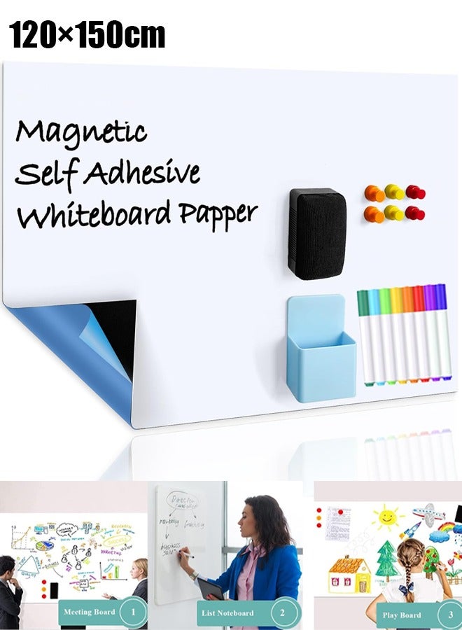 VUCATIN Magnetic Dry Erase Whiteboard Paper Self Adhesive Magnetic Whiteboard Sticker Easy to Write and Clean Dry Erase Board for Kids Office Home 8 Marker 6 Magnets and Eraser (120×150cm) - Image 1