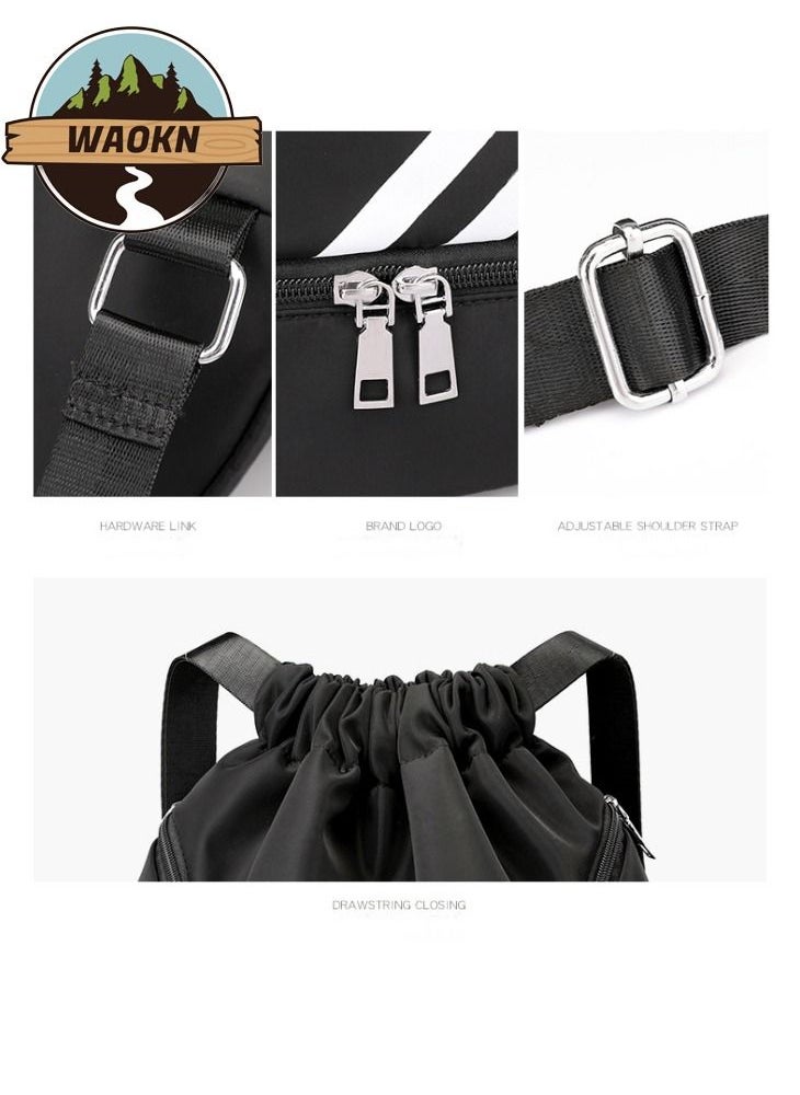 WAOKN - Waterproof Drawstring Backpack Gym Sack String Bag for Men Women Basketball Bundle Pocket Student School Football Storage Large Capacity Fitness Light Folding Travel Sports Easy Fitness Outdoors Black - Image 1