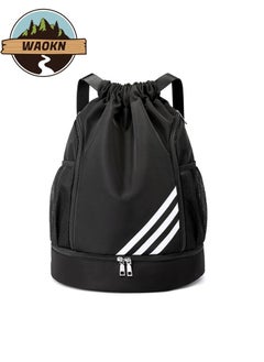 WAOKN Waterproof Drawstring Backpack Gym Sack String Bag for Men Women Basketball Bundle Pocket Student School Football Storage Large Capacity Fitness Light Folding Travel Sports Easy Fitness Outdoors Black  - Image 1