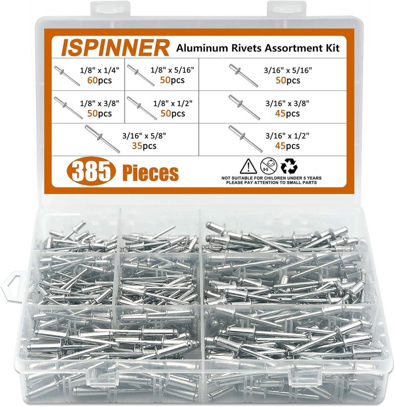 ISPINNER 385 قطعة 8 أحجام مسامير ألومنيوم عمياء، مجموعة مسامير بوب (فضي) - Image 1