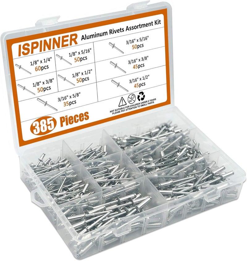 ISPINNER 385 قطعة 8 أحجام مسامير ألومنيوم عمياء، مجموعة مسامير بوب (فضي) - Image 3