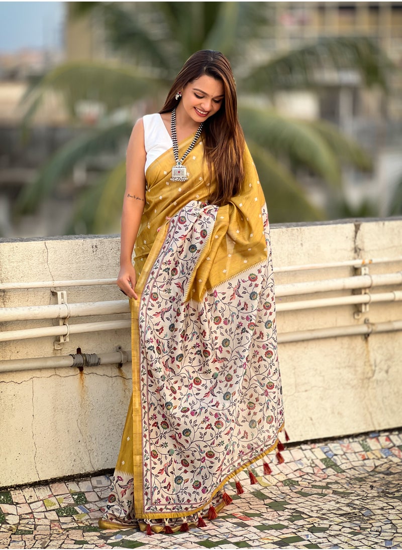 Silk Sarees with floral prints all over the body having Zari woven piping border on both sides