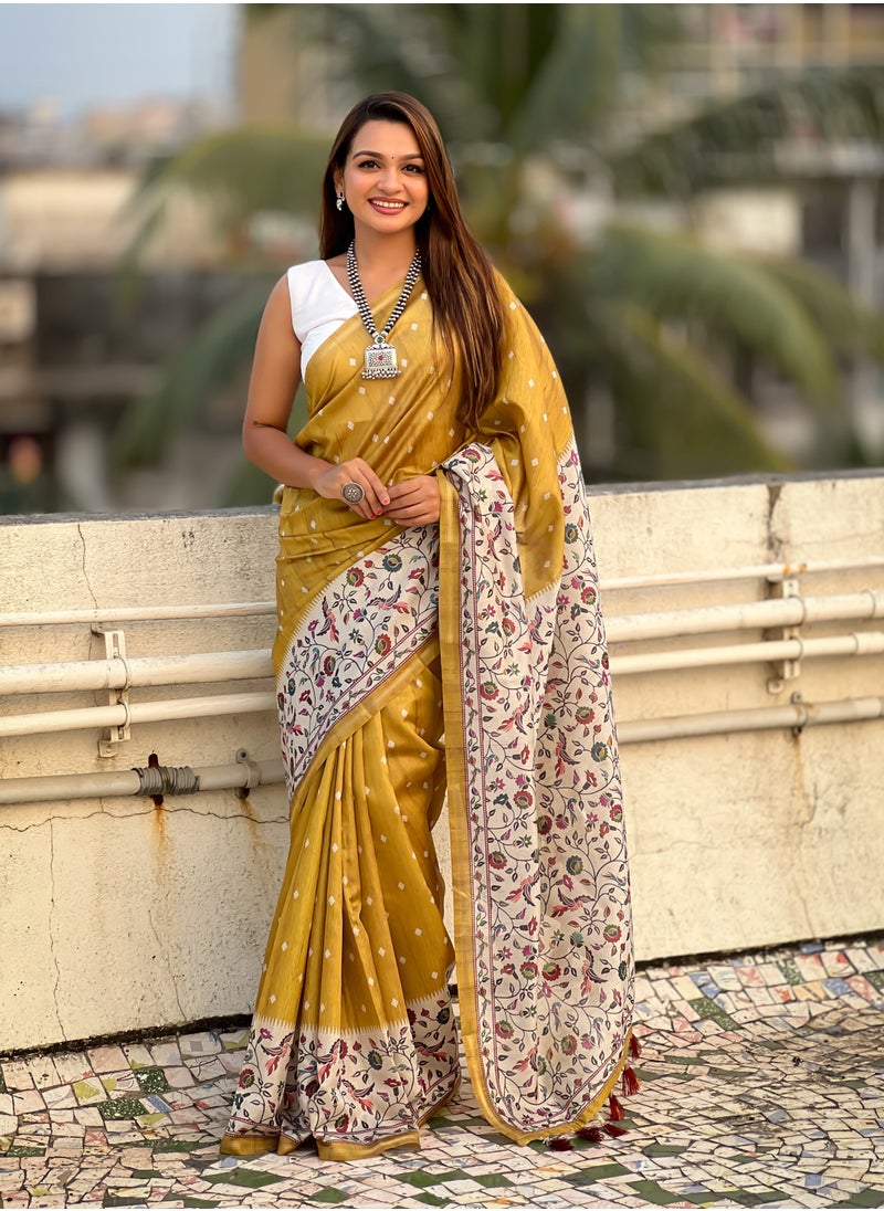 Silk Sarees with floral prints all over the body having Zari woven piping border on both sides