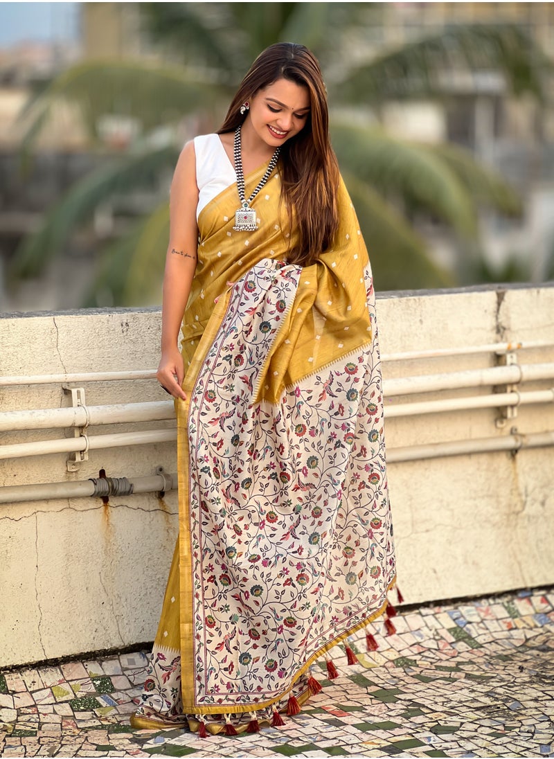 Silk Sarees with floral prints all over the body having Zari woven piping border on both sides
