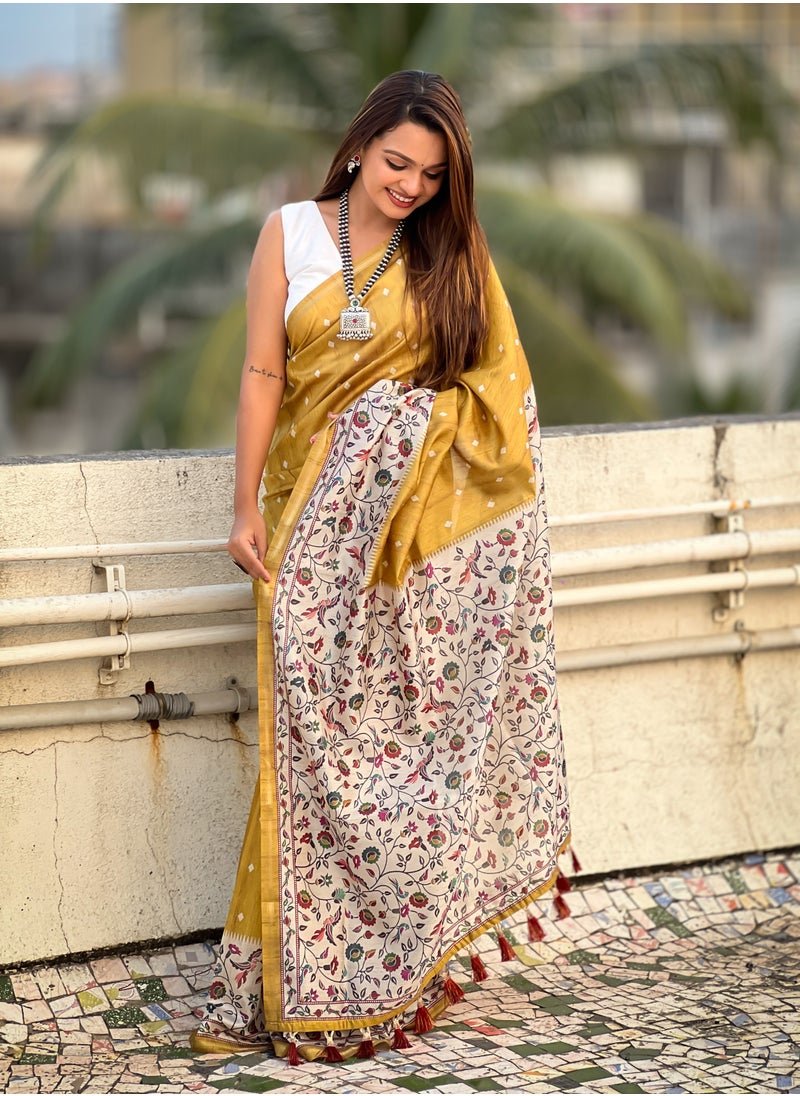 Silk Sarees with floral prints all over the body having Zari woven piping border on both sides