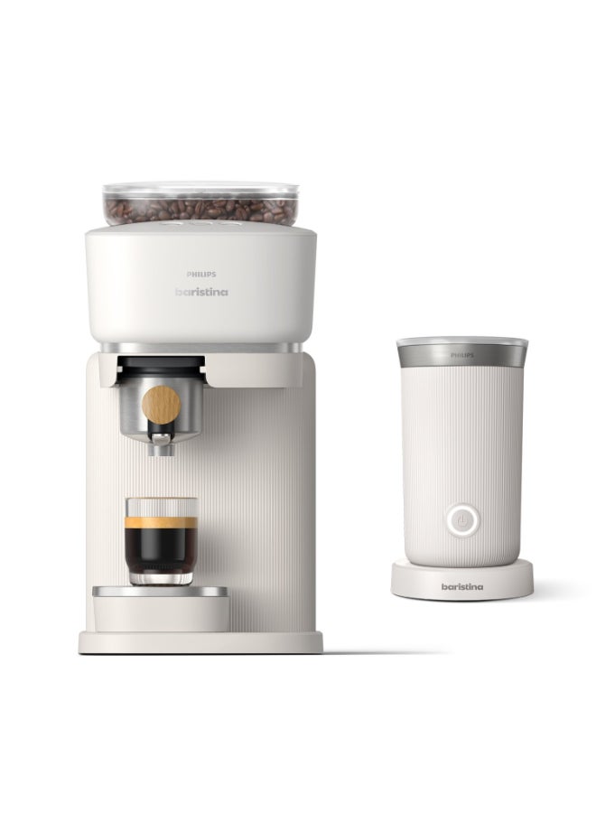 Philips Semi Automatic Baristina Espresso Maker - For Espresso & Lungo Made From Fresh Beans, Quiet, Auto Switch-off, Ceramic Grinder, White, 16-bar Pressure Pump, Portafilter Included, 170GM Bean Capacity - Bar302/20+ Baristina  Milk  Frother For Hot And Cold, Diary And Non-diary (Noon Exclusive) 1.2 L 1550 W BAR302/20+BAR311/00 White - Image 1