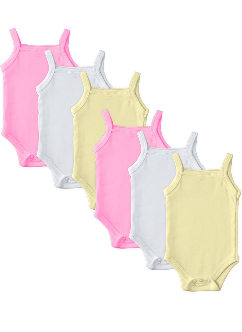 Babies Basic BabiesBasic 100% Super Combed Cotton, Sleeveless Girls Romper/Bodysuit, for New Born to 24months. Set of 6 , Pink, Lemon, White  - Image 1
