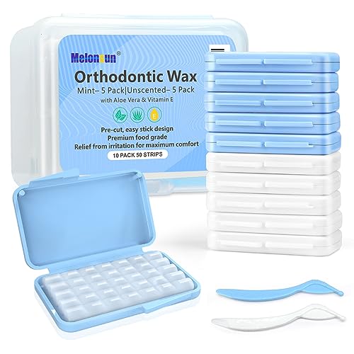 Melonsun Braces Wax Premium 50 Precut Dental Wax Strips 350 Dots Separate Cases wStorage Box 2 Applicator Tools FoodGrade Ortho Wax Stick Better 10 Pack UnscentedMint Aloe Vera Vitamin E