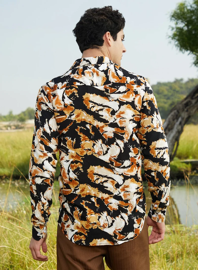 Campus Sutra Men's Yellow Ochre & Onyx Black Burnt Foliage Shirt