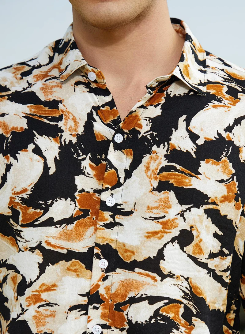 Campus Sutra Men's Yellow Ochre & Onyx Black Burnt Foliage Shirt
