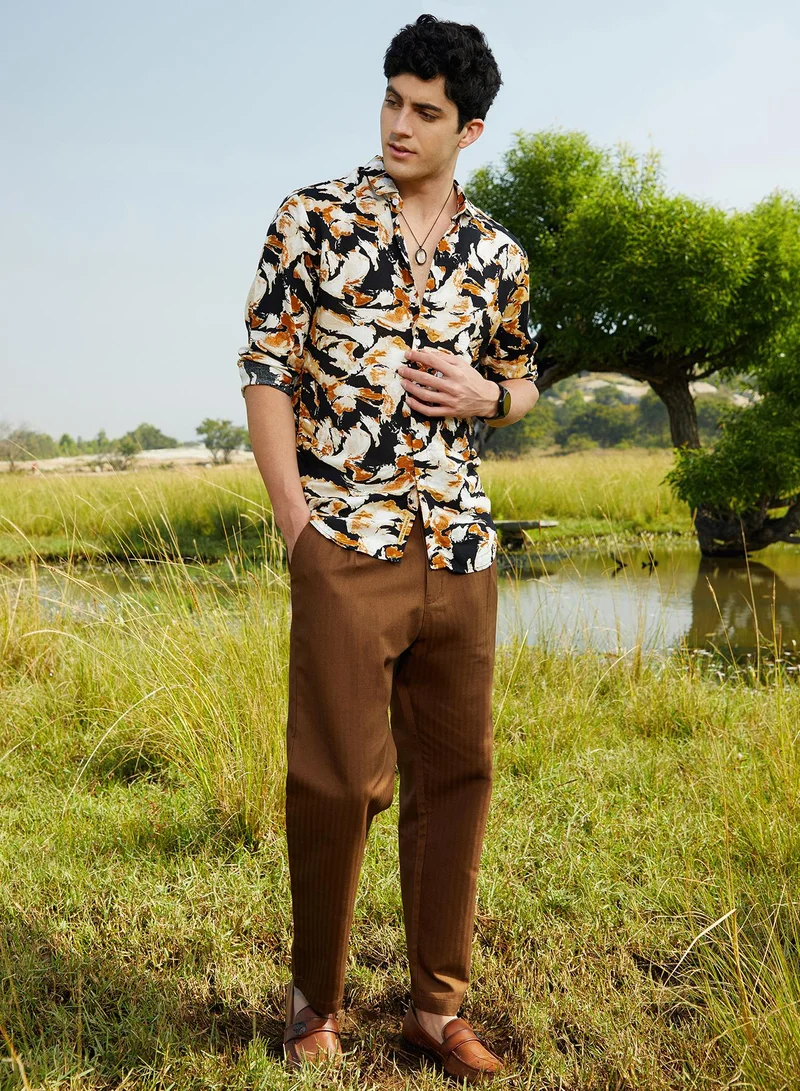 Campus Sutra Men's Yellow Ochre & Onyx Black Burnt Foliage Shirt