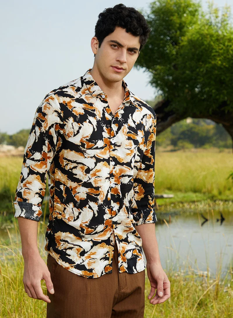 Campus Sutra Men's Yellow Ochre & Onyx Black Burnt Foliage Shirt