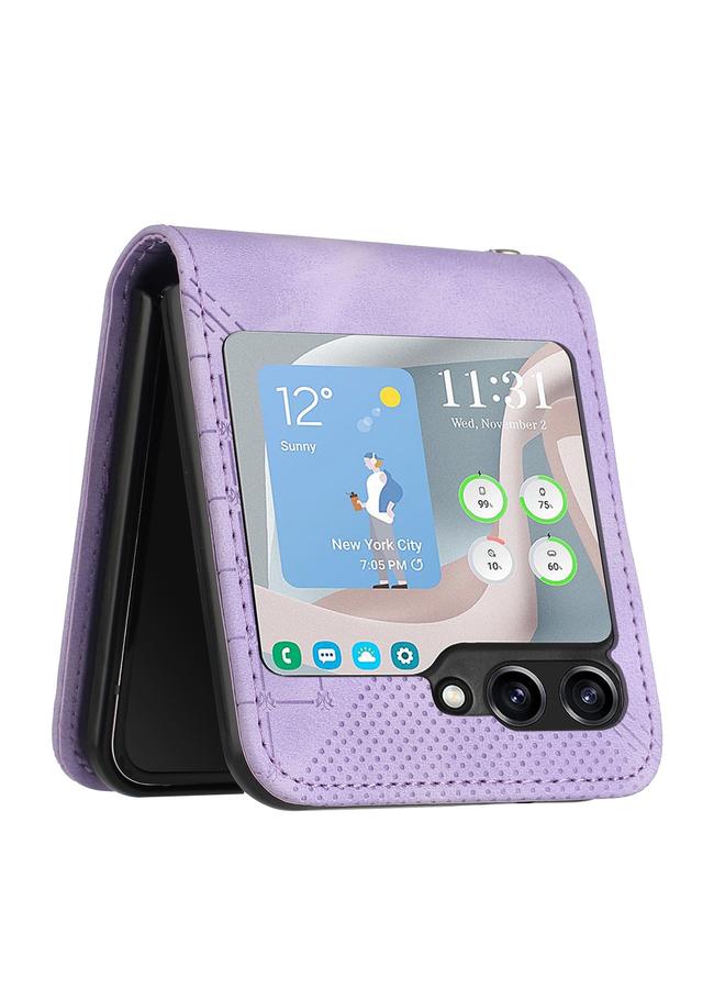 S-TOP Case For Samsung Galaxy Z Flip5 YX0080 Grid Butterfly Embossed Pattern Flip Leather Phone Case with Lanyard - Image 4